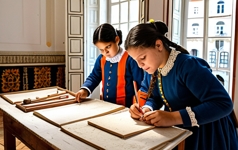 Educational Workshop**

"A bright and engaging educational workshop taking place inside a restored historical building in Lisbon, Portugal. Children are fully clothed and participating in a hands-on activity related to Portuguese cultural heritage. An instructor in appropriate attire is guiding them. The scene showcases traditional crafts and artifacts. Safe for work, appropriate content, fully clothed, family-friendly, perfect anatomy, correct proportions, natural pose, professional photography, high quality, educational setting."

**