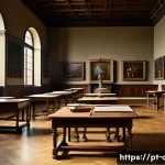 Home 20 문화예술사 자격증 중점 과목 정리 - A detailed Renaissance art classroom scene set in a bright European-style study room, featuring clas...