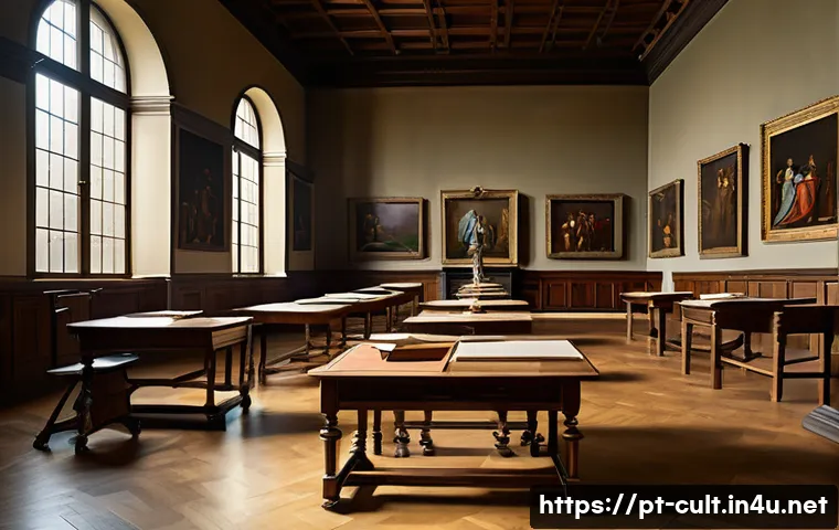 문화예술사 자격증 중점 과목 정리 - A detailed Renaissance art classroom scene set in a bright European-style study room, featuring clas...