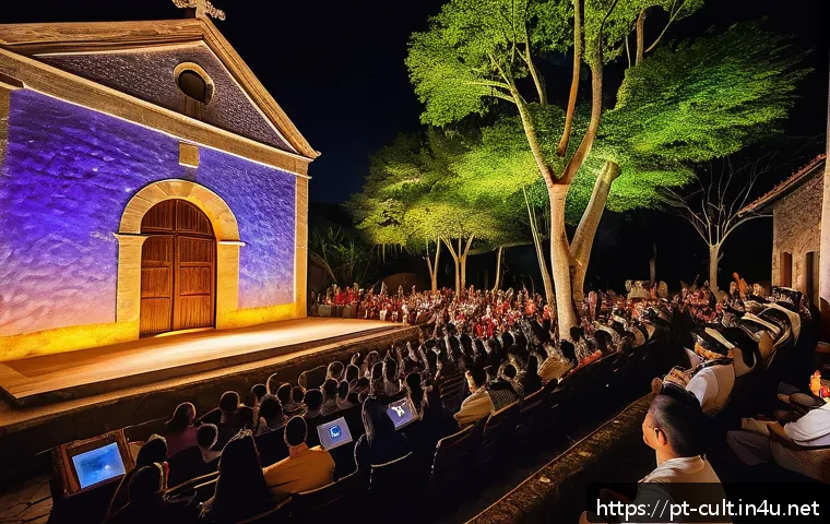 문화예술사와 공연예술 매니지먼트의 연결고리 - An atmospheric scene showcasing an old Portuguese colonial church transformed into a vibrant open-ai...